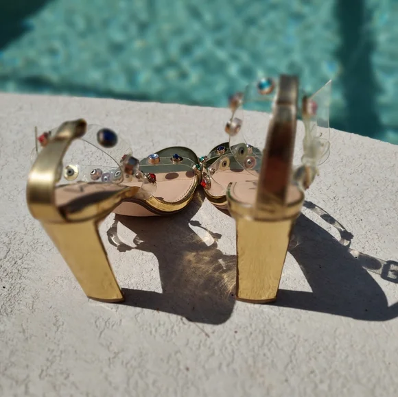 Dainty Minimal Gold Heels With Colorful Stones On Straps - Picture 12 of 14